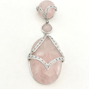 925 Sterling Silver Huge Pink Quartz & White Topaz Big Chunky Cabochon Pendant